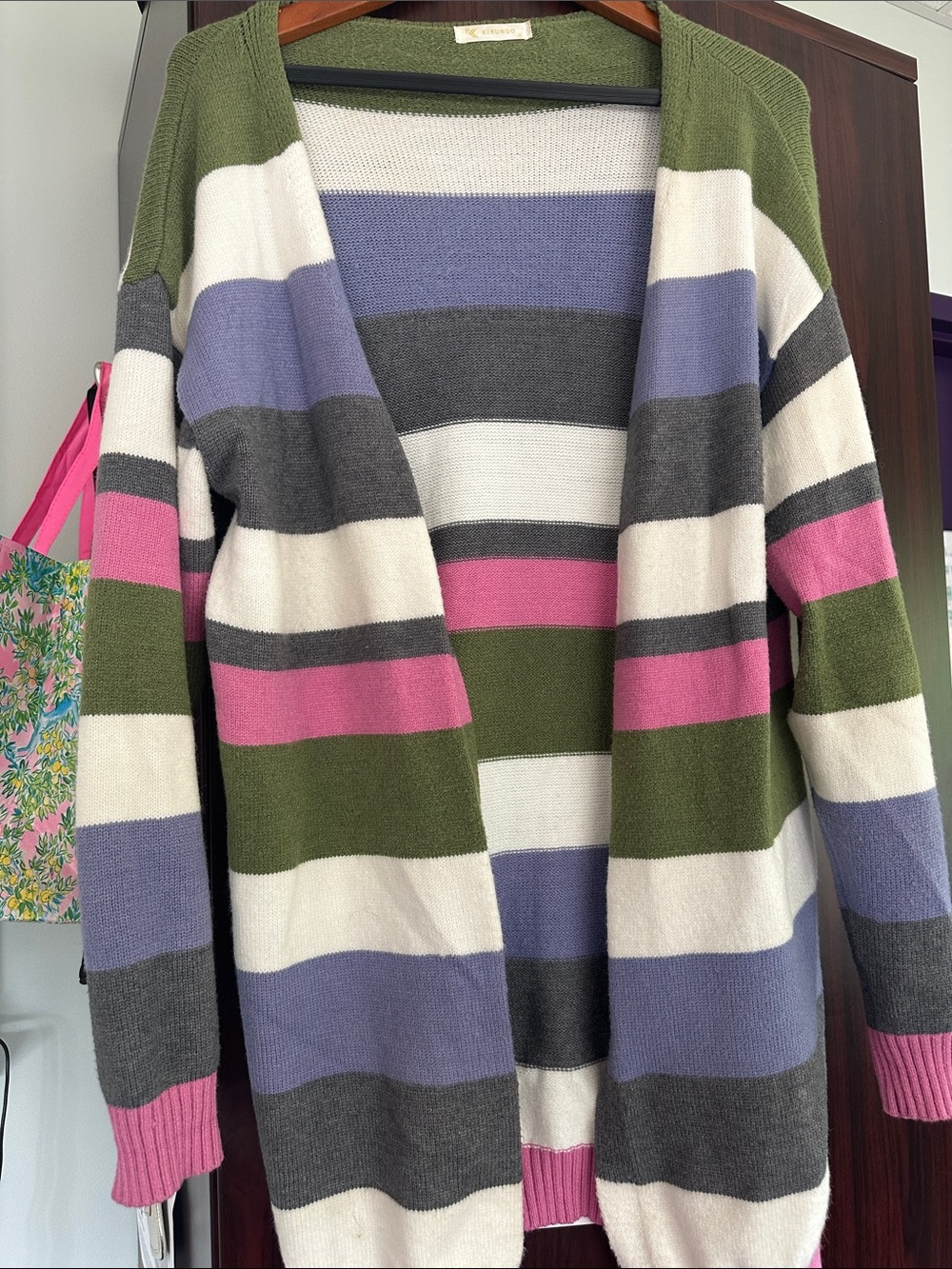 Striped Open-Front Cardigan in Olive, Pink & Lavender